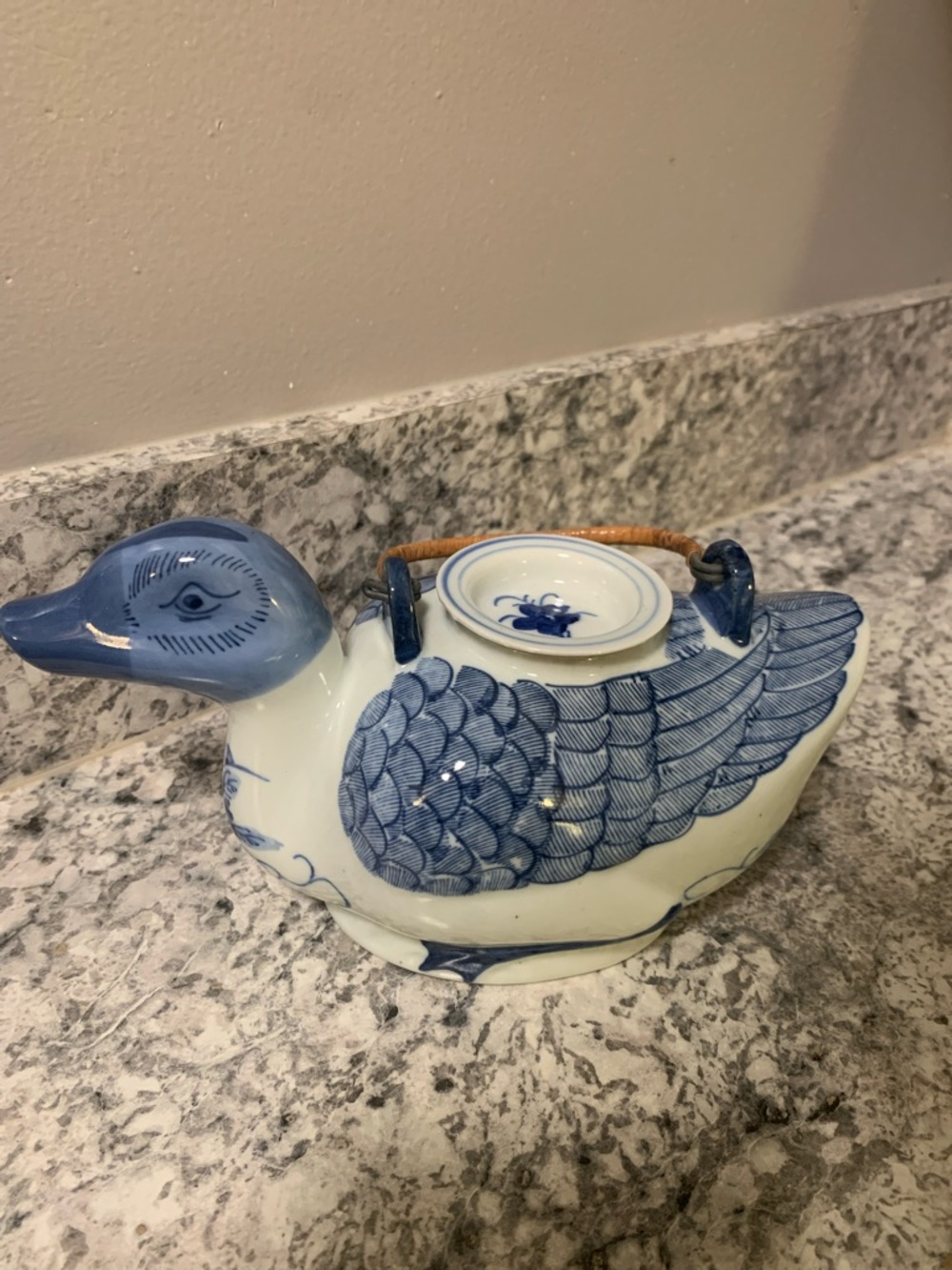 Vintage Ceramic Duck Teapot White/Blue Hand Painted Asian Porcelain Teapot